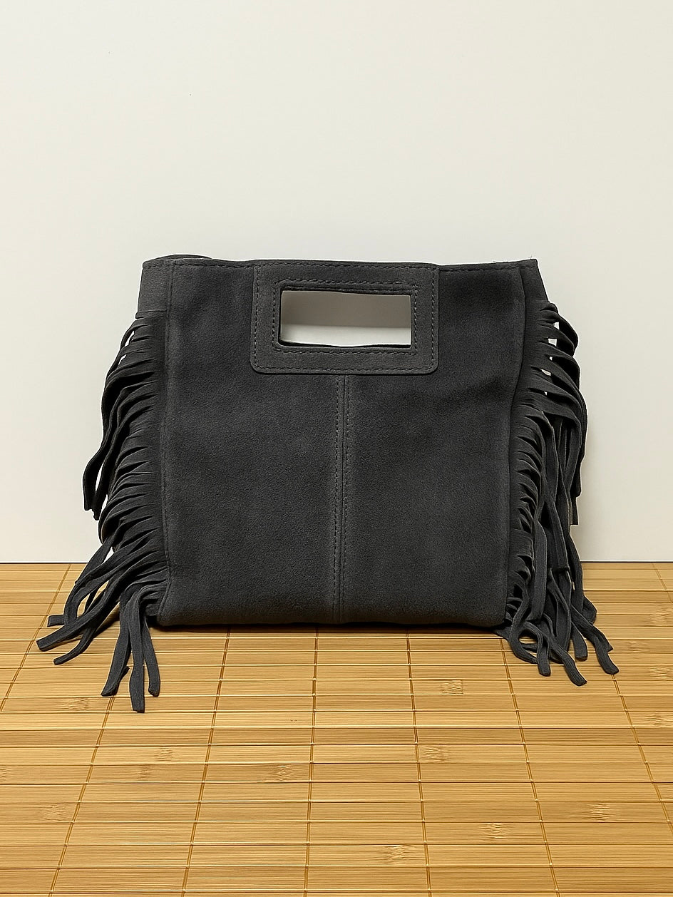 Bolso de piel serraje con flecos y con asa larga de hombro para colgar  – 27x25x7 cm