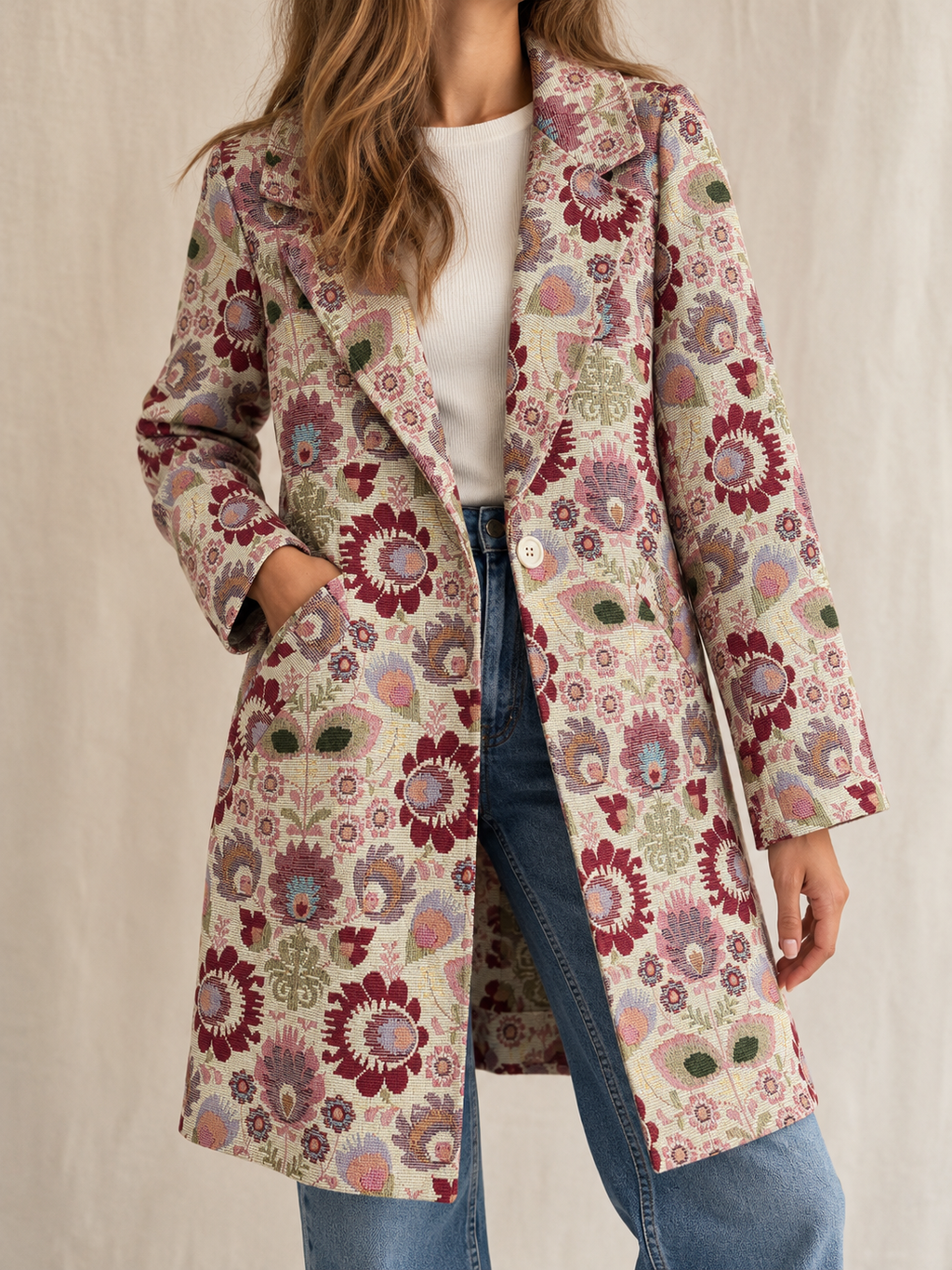 Abrigo Estampado Floral Efecto Jacquard de Mujer
