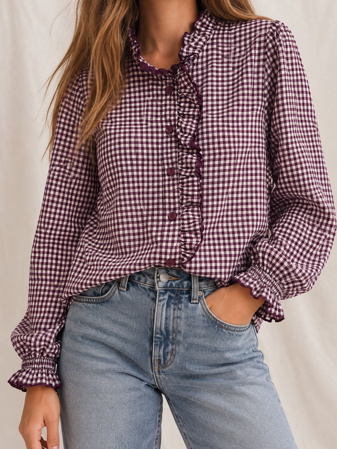 Blusa de Cuadros Vichy con Volantes y Botones