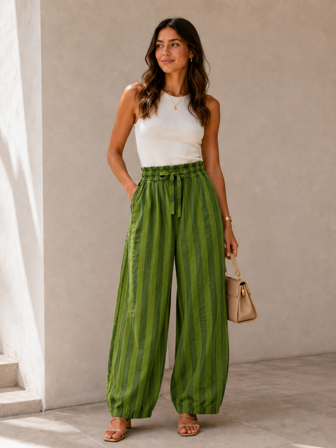 Pantalón Balloon de Rayas verticales Cintura Elástica con Lazo