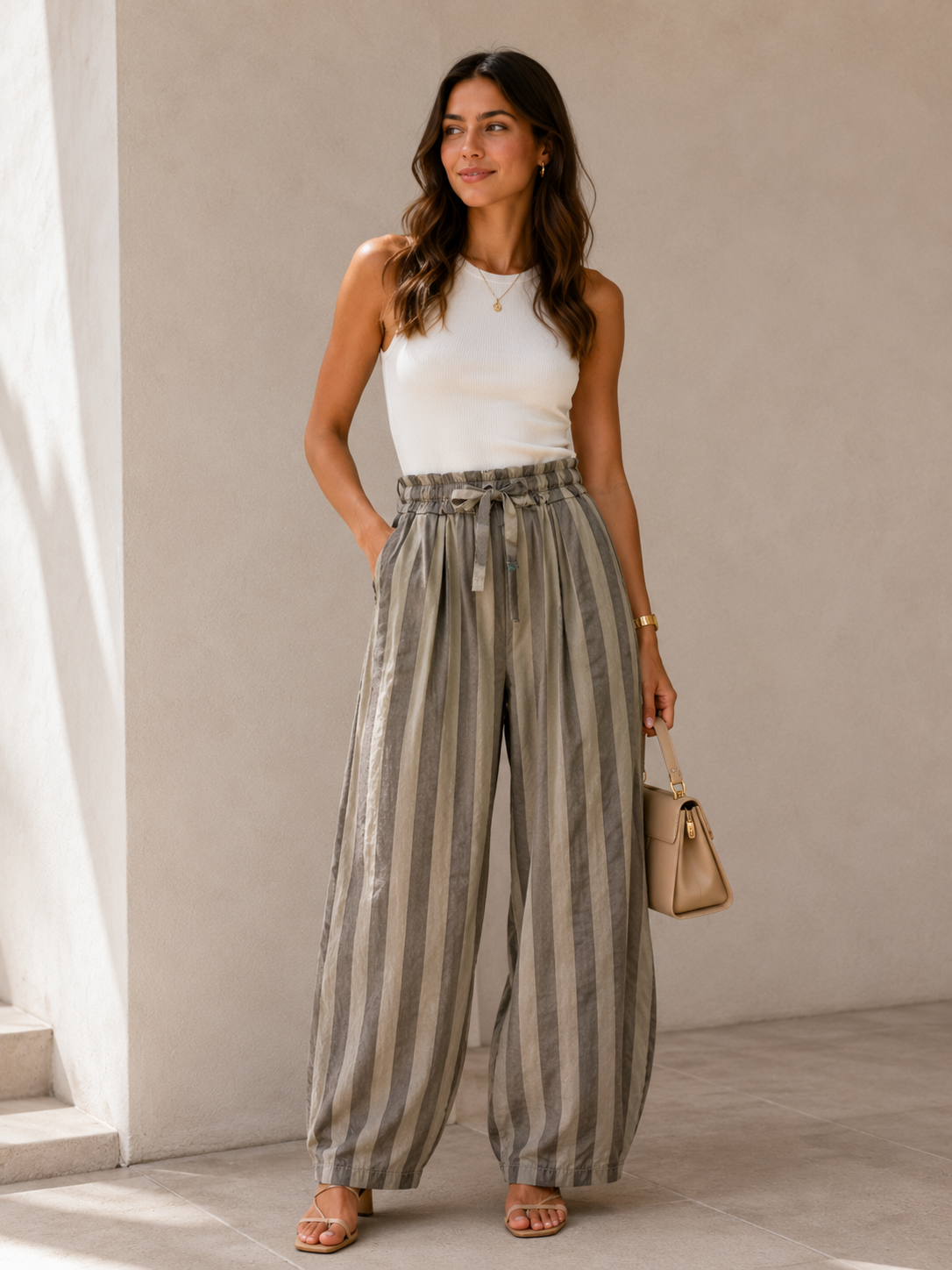 Pantalón Balloon de Rayas verticales Cintura Elástica con Lazo