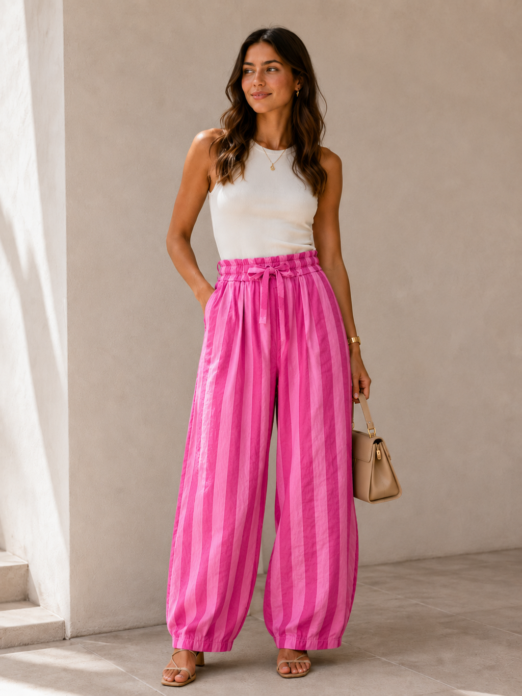 Pantalón Balloon de Rayas verticales Cintura Elástica con Lazo