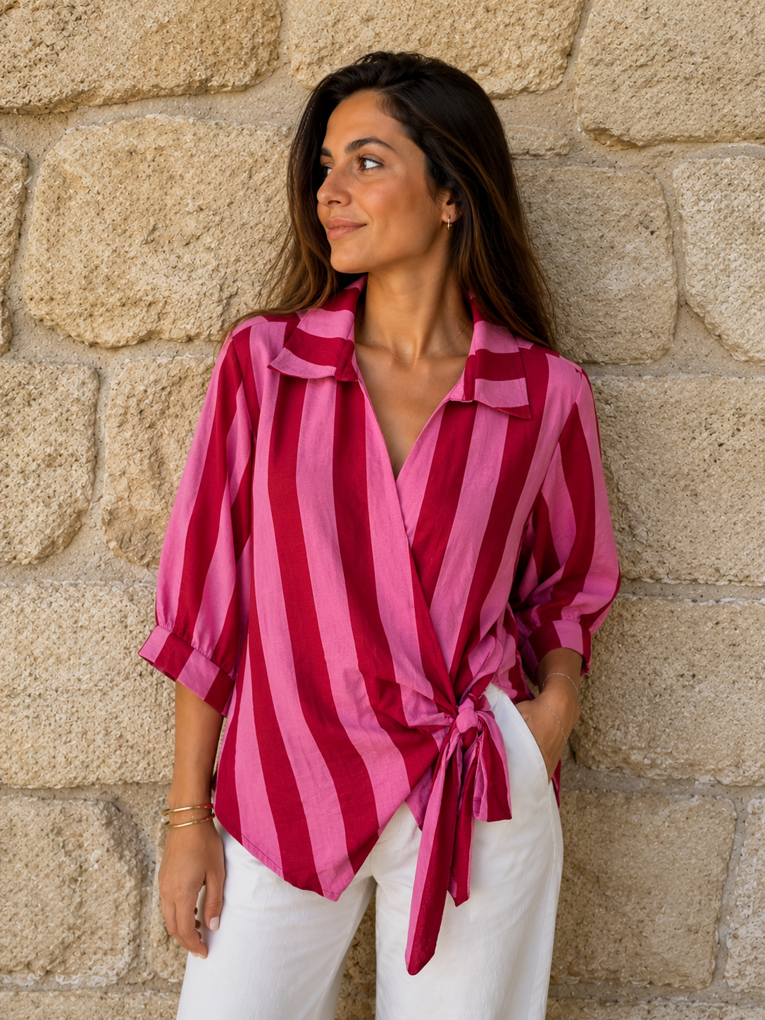 Blusa Cruzada de Rayas Bicolor con Lazo