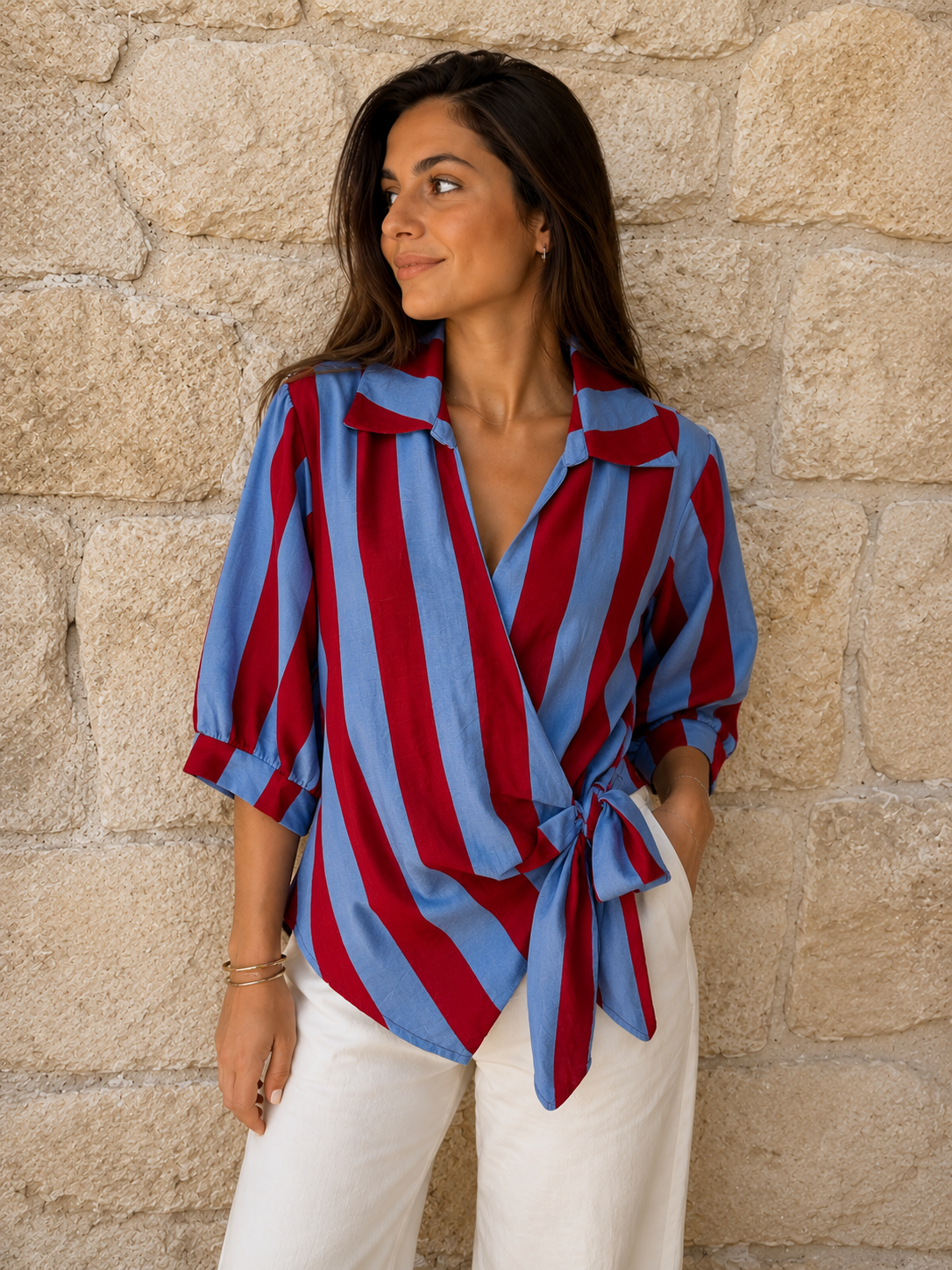 Blusa Cruzada de Rayas Bicolor con Lazo