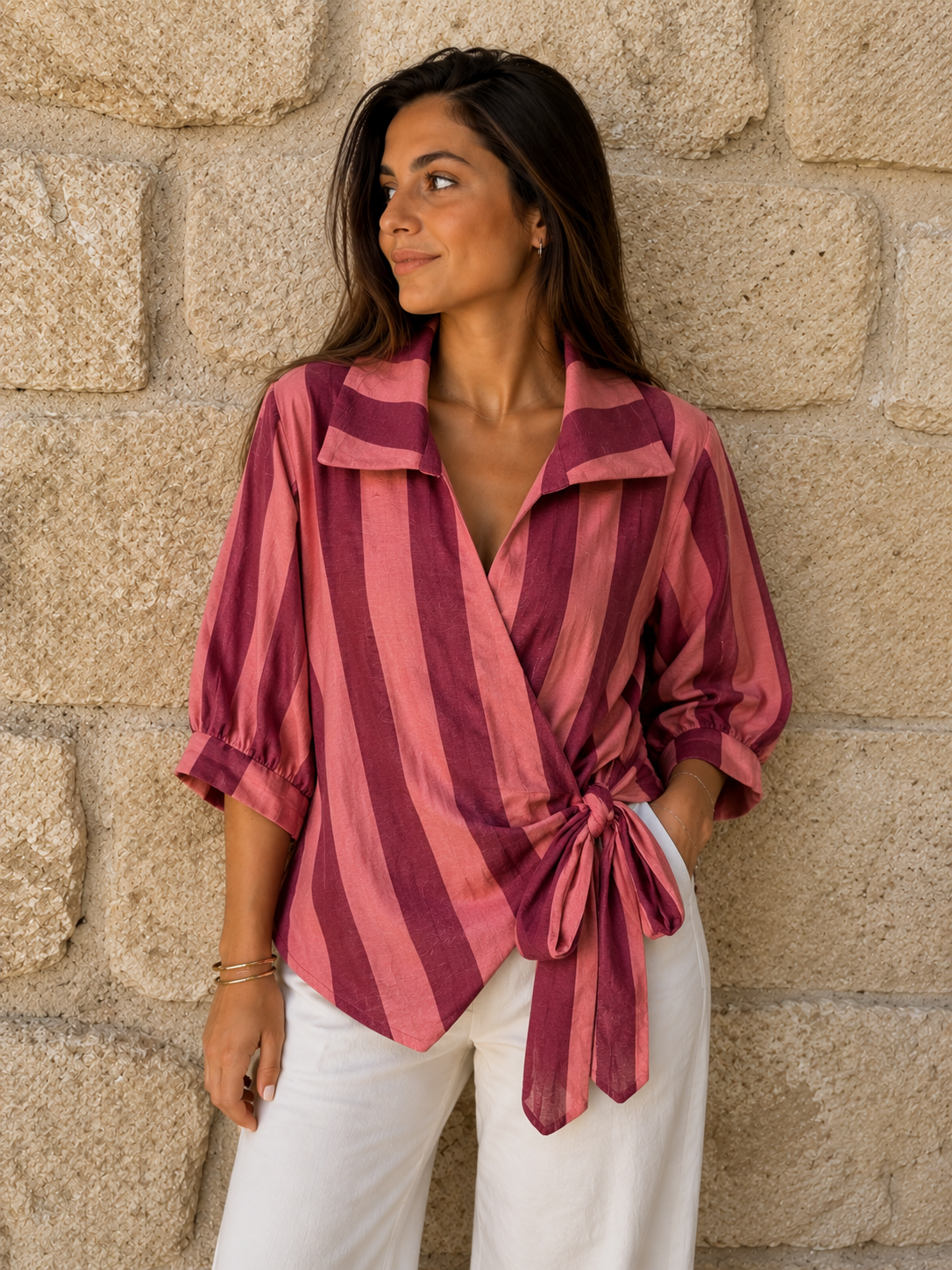 Blusa Cruzada de Rayas Bicolor con Lazo