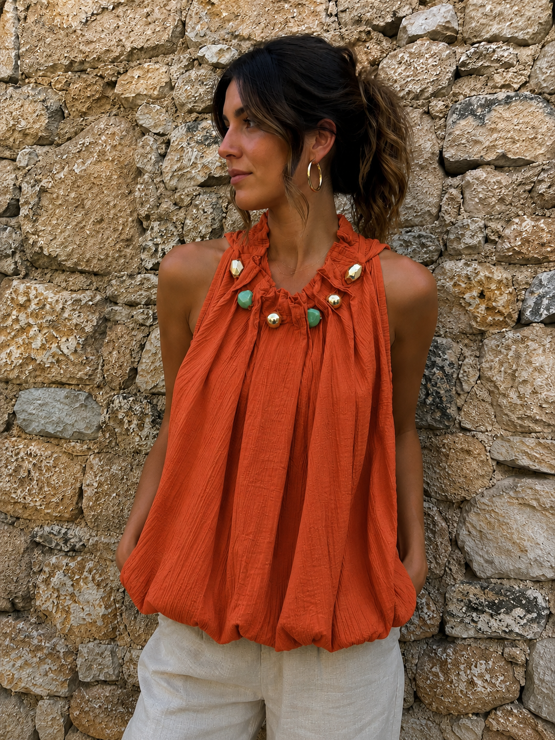 Blusa Sin Mangas con Detalles Abalorios