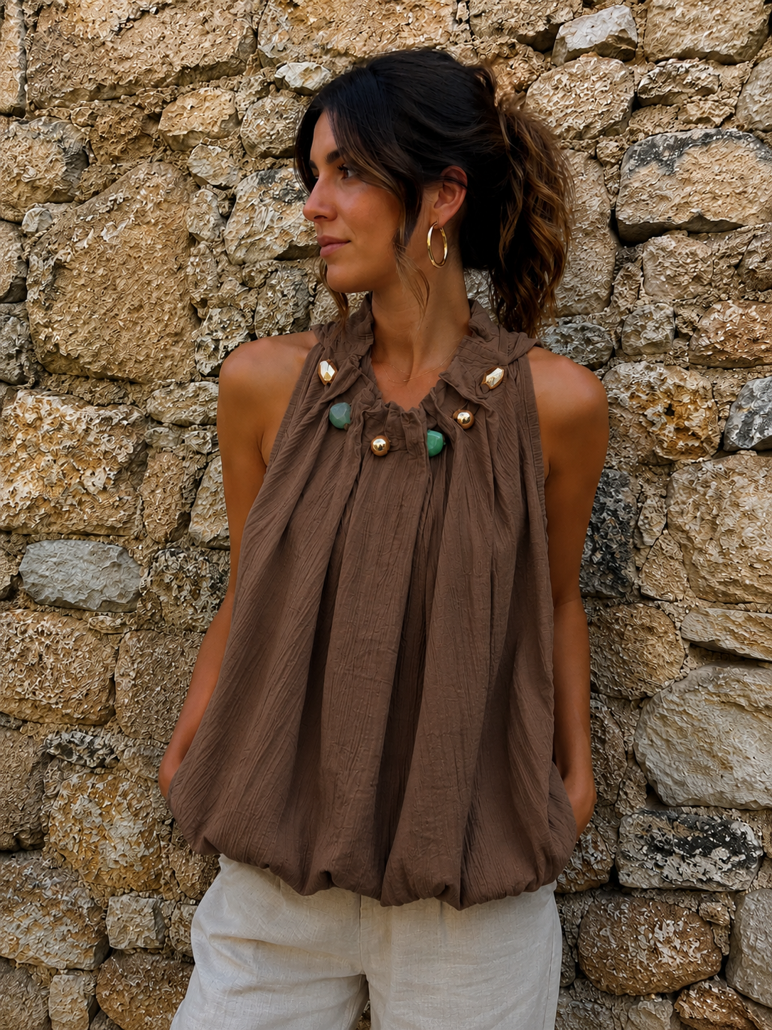Blusa Sin Mangas con Detalles Abalorios