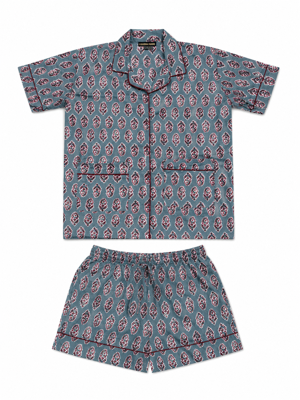 Pijama Corto de Algodón de la India para Mujer | Camisa de Manga Corta y Short con Bolsa