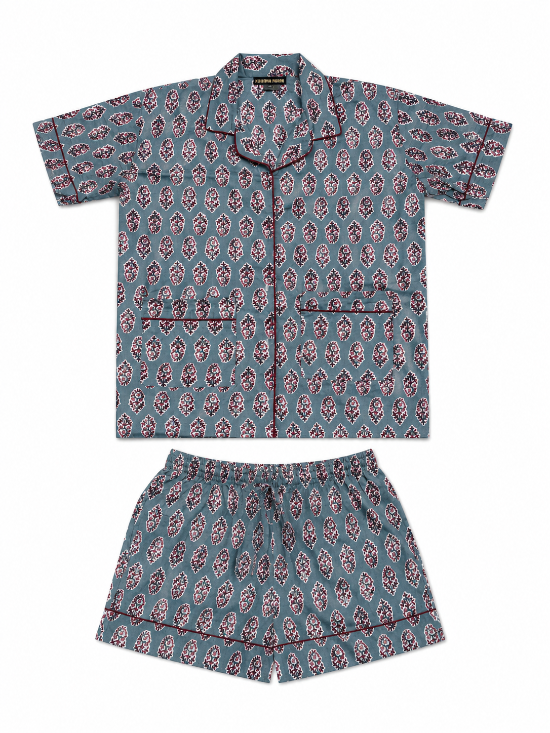 Pijama Corto de Algodón de la India para Mujer | Camisa de Manga Corta y Short con Bolsa