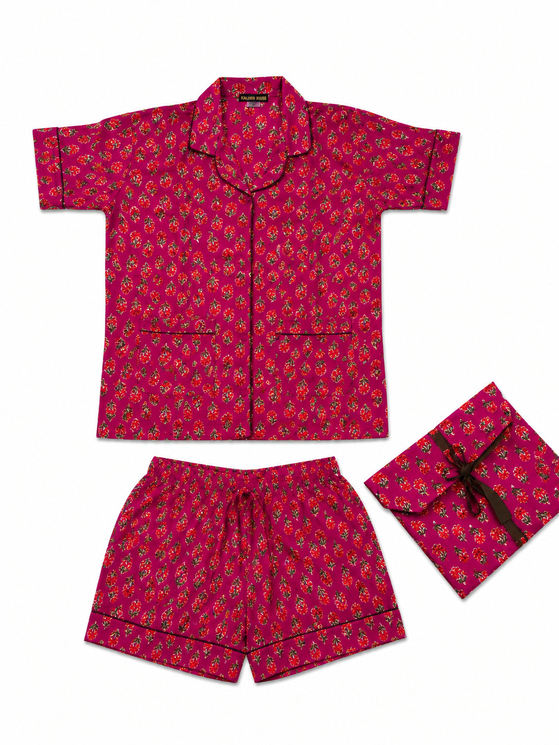 Pijama Corto de Algodón de la India para Mujer | Camisa de Manga Corta y Short con Bolsa