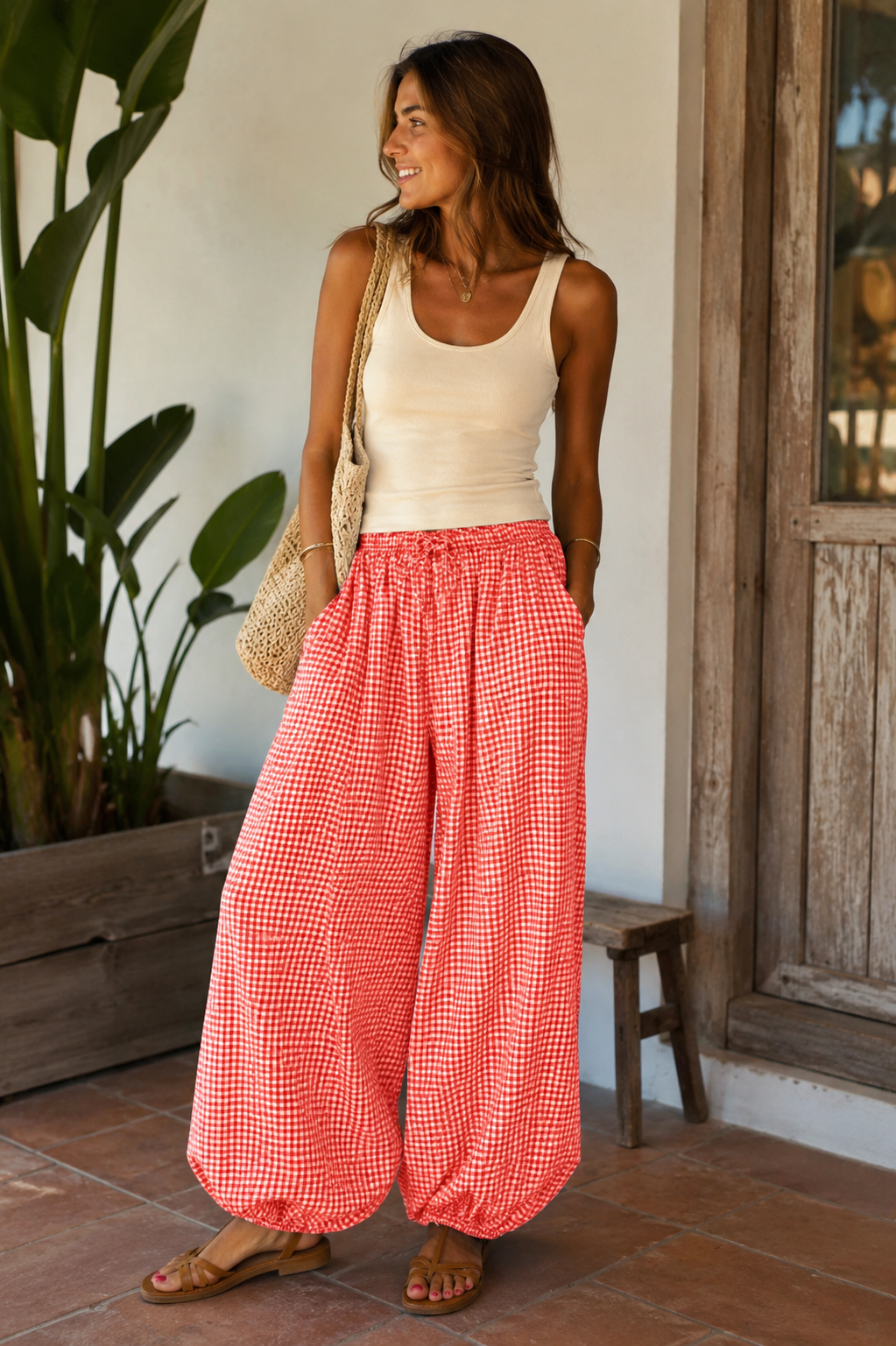 Pantalón Bombacho Ancho de Cuadros Vichy para Mujer | Tallas S hasta XXL