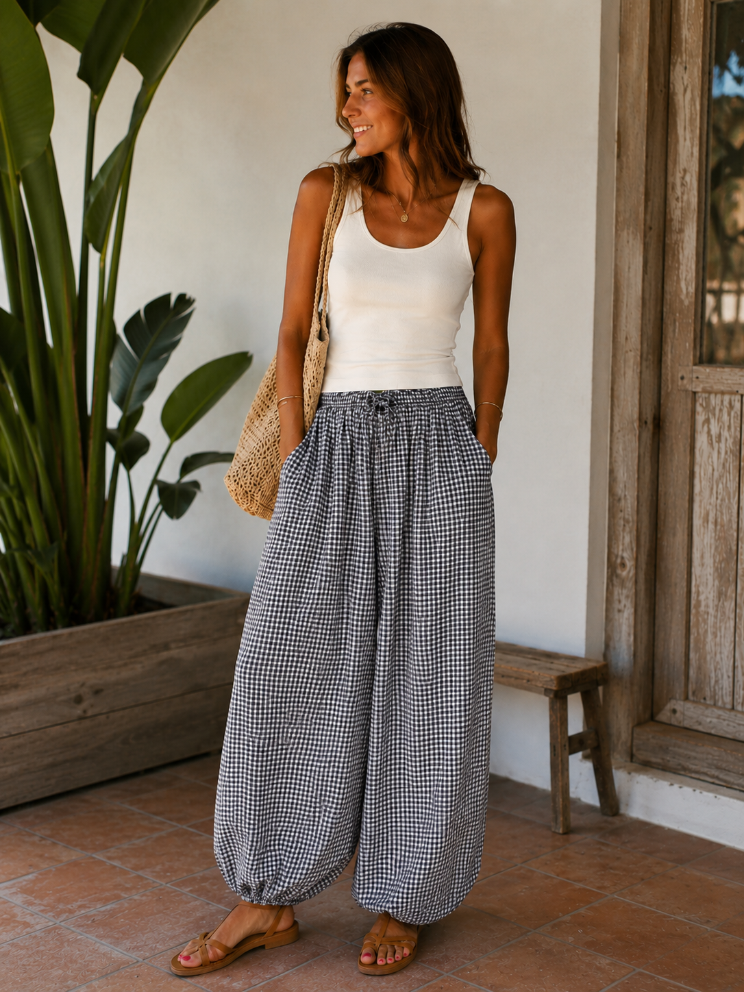 Pantalón Bombacho Ancho de Cuadros Vichy para Mujer | Tallas S hasta XXL