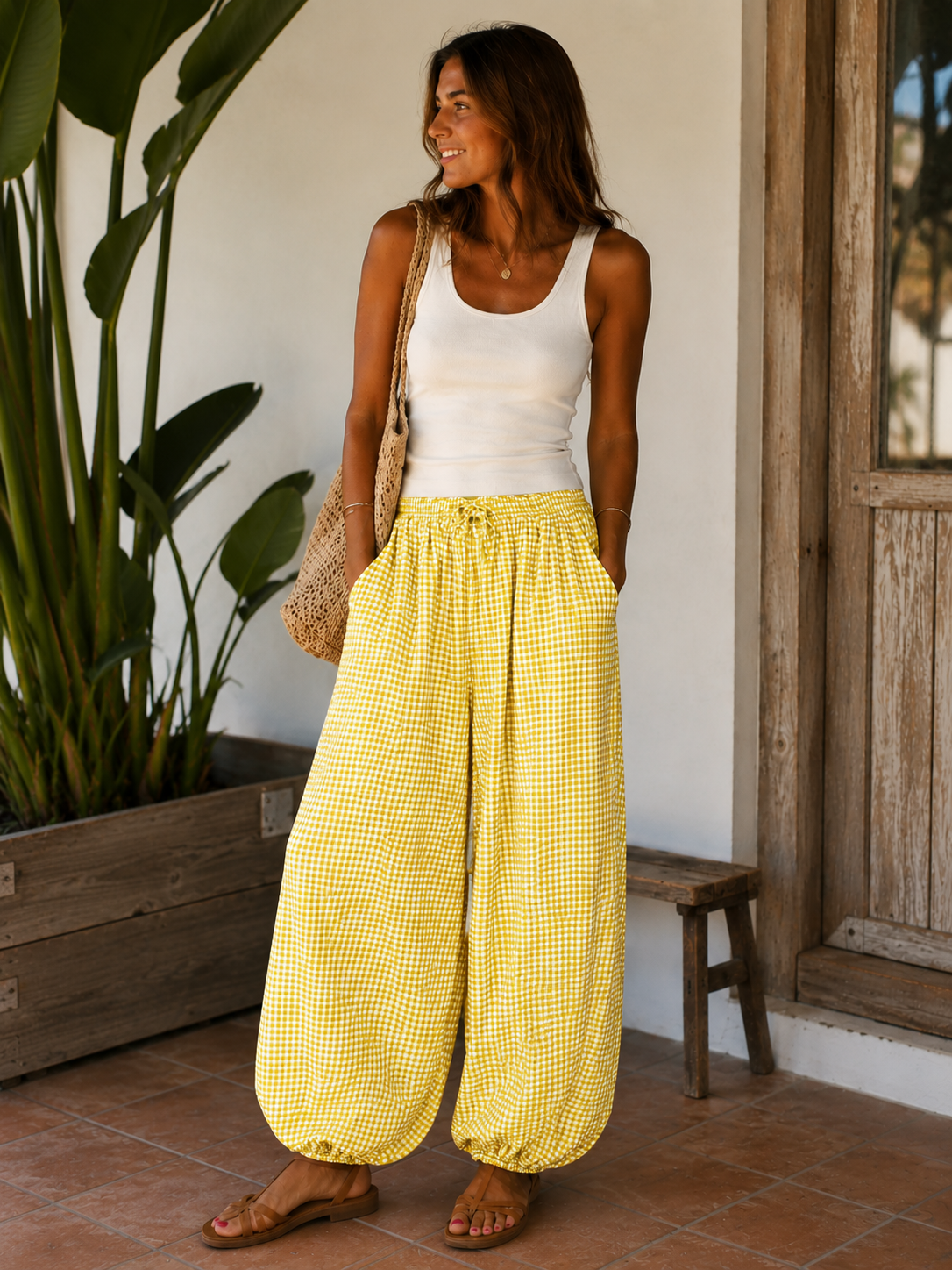 Pantalón Bombacho Ancho de Cuadros Vichy para Mujer | Tallas S hasta XXL