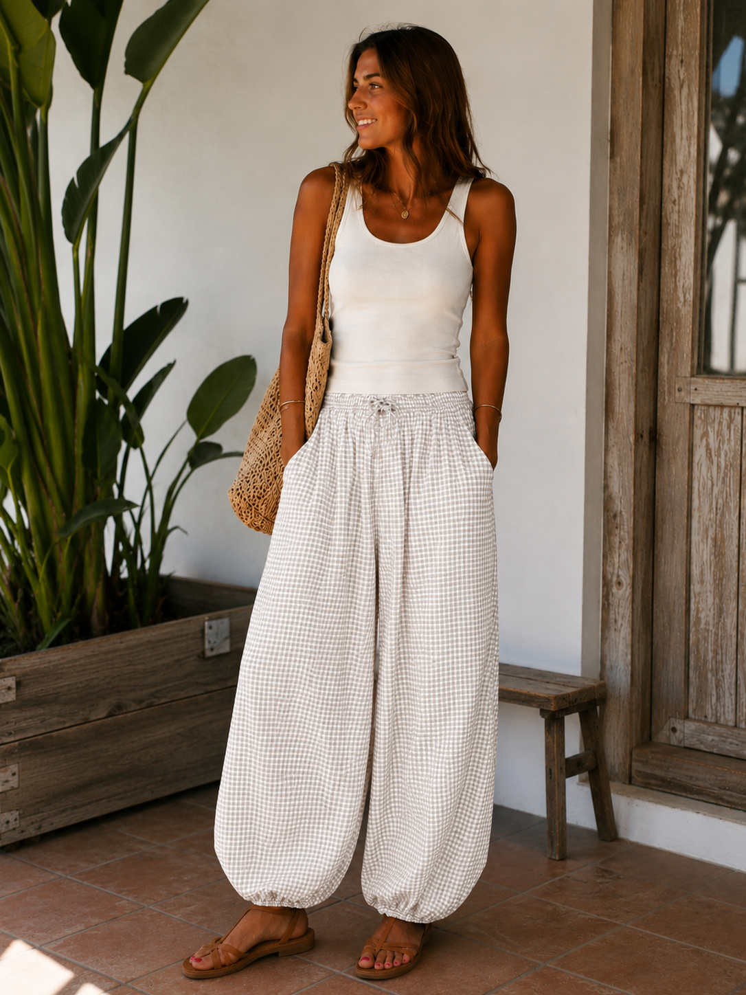 Pantalón Bombacho Ancho de Cuadros Vichy para Mujer | Tallas S hasta XXL