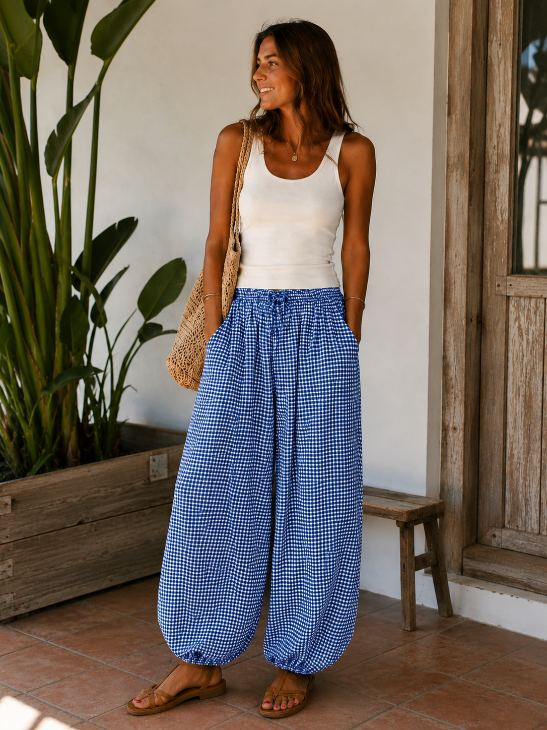 Pantalón Bombacho Ancho de Cuadros Vichy para Mujer | Tallas S hasta XXL