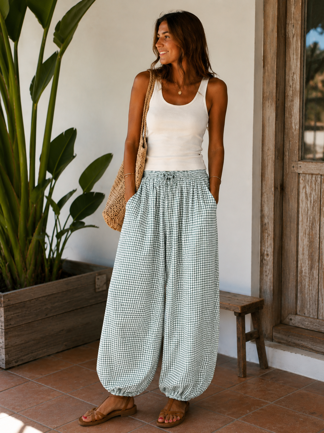 Pantalón Bombacho Ancho de Cuadros Vichy para Mujer | Tallas S hasta XXL