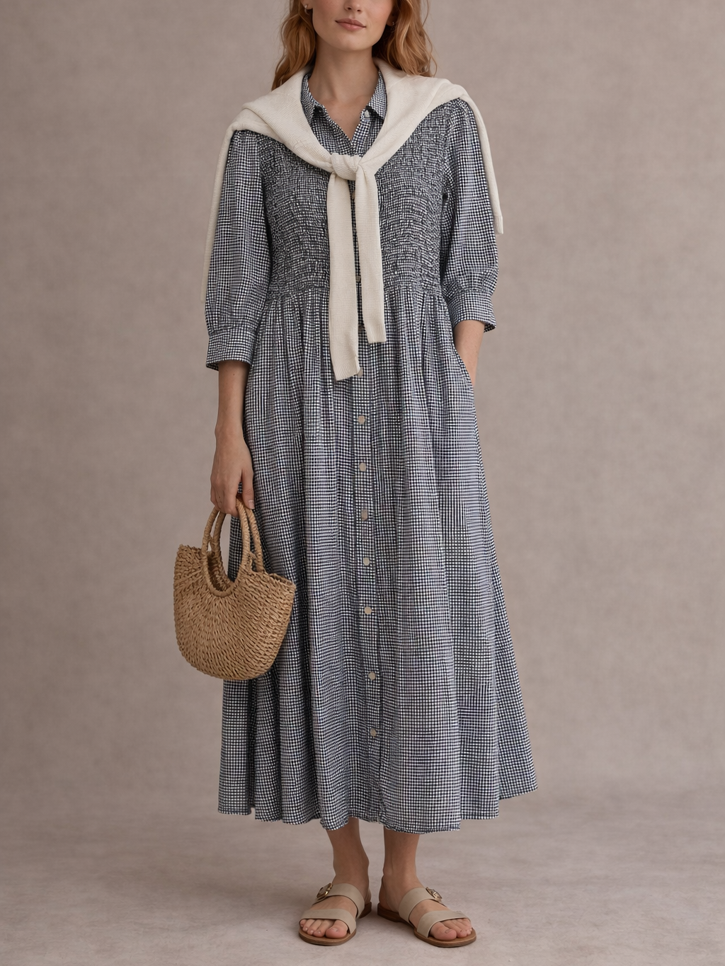 Vestido largo Cuadros vichy con Nido de abeja y Botones