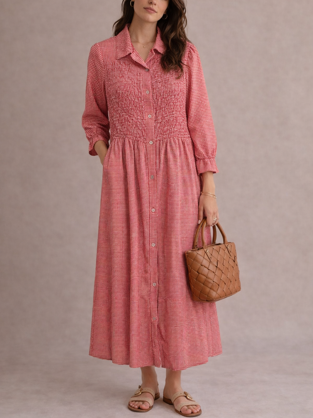 Vestido largo Cuadros vichy con Nido de abeja y Botones