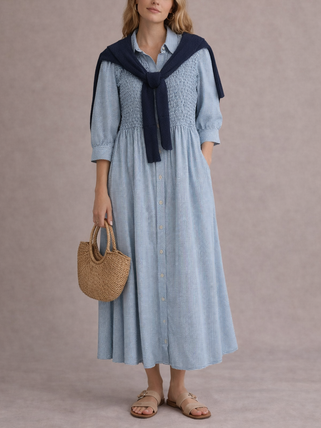 Vestido largo Cuadros vichy con Nido de abeja y Botones