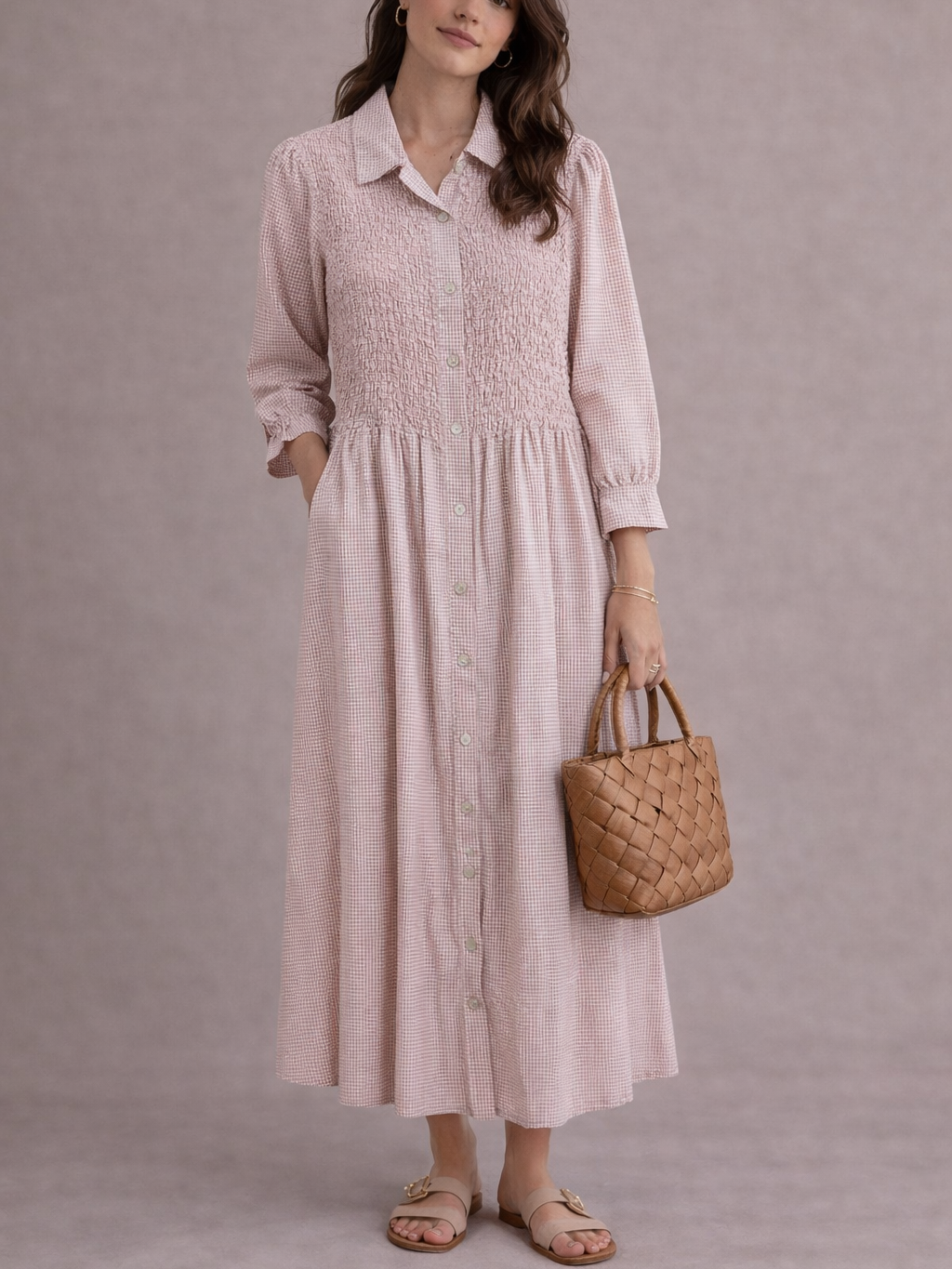 Vestido largo Cuadros vichy con Nido de abeja y Botones