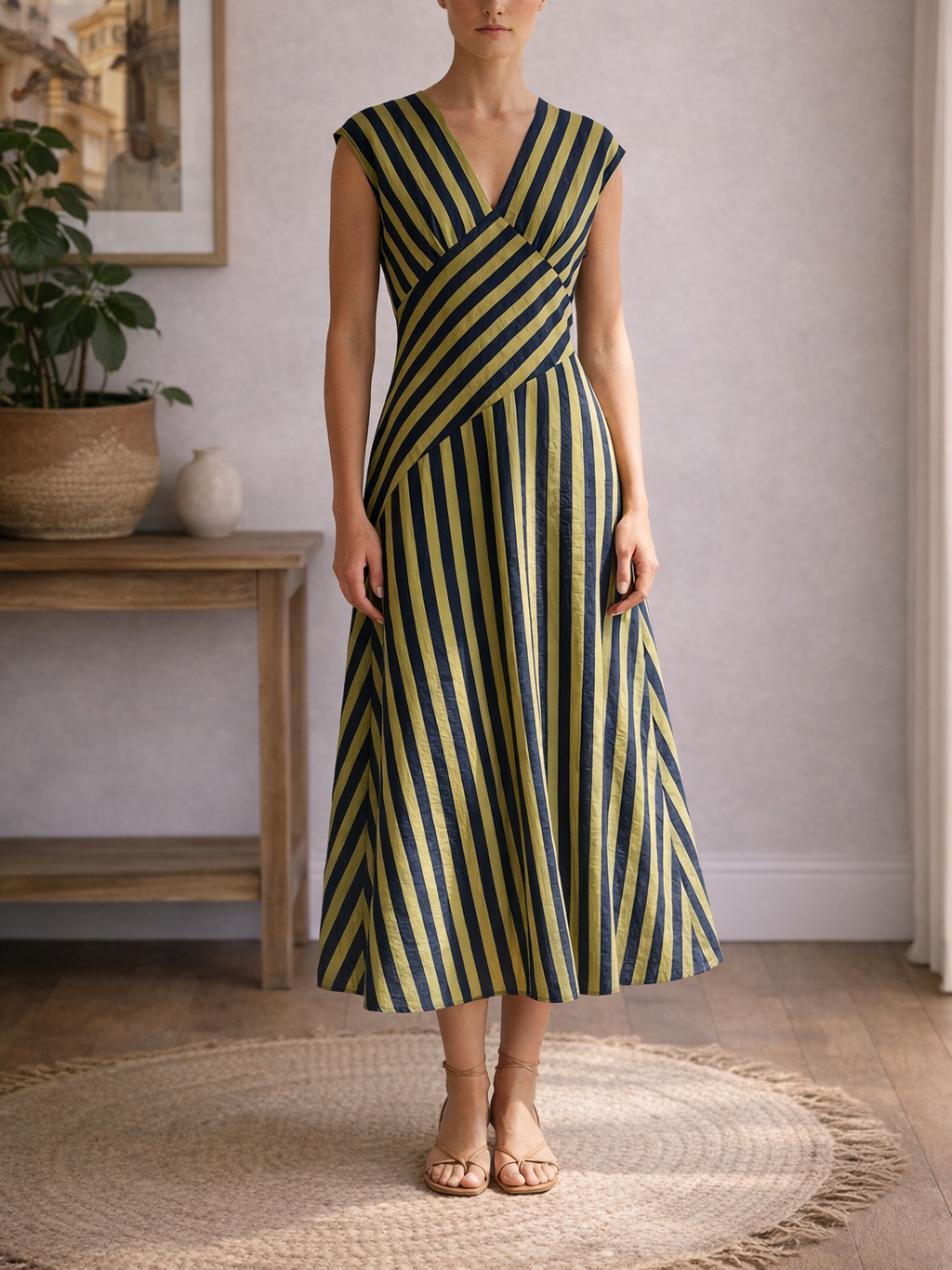 Vestido de Rayas Bicolor Largo con Corte Asimétrico – Sin Mangas