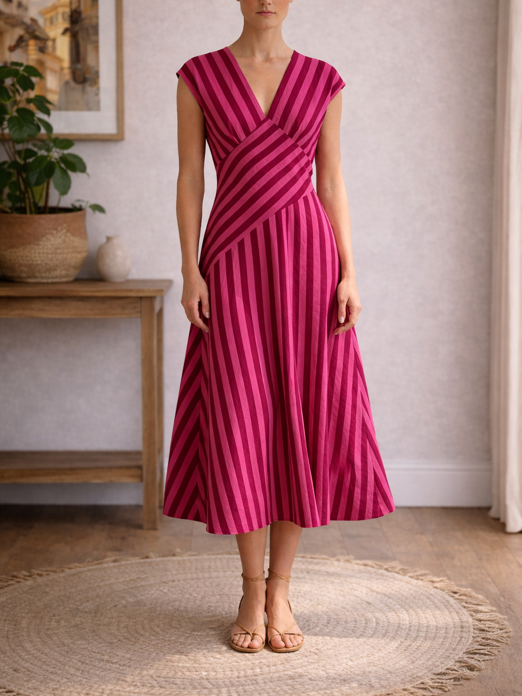 Vestido de Rayas Bicolor Largo con Corte Asimétrico – Sin Mangas