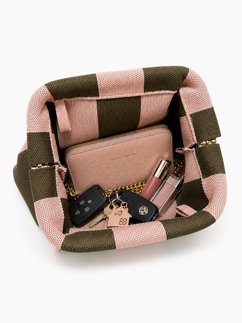 Bolso de mano bicolor de rayas con cadena dorada extraíble | Clutch 28x22 cm