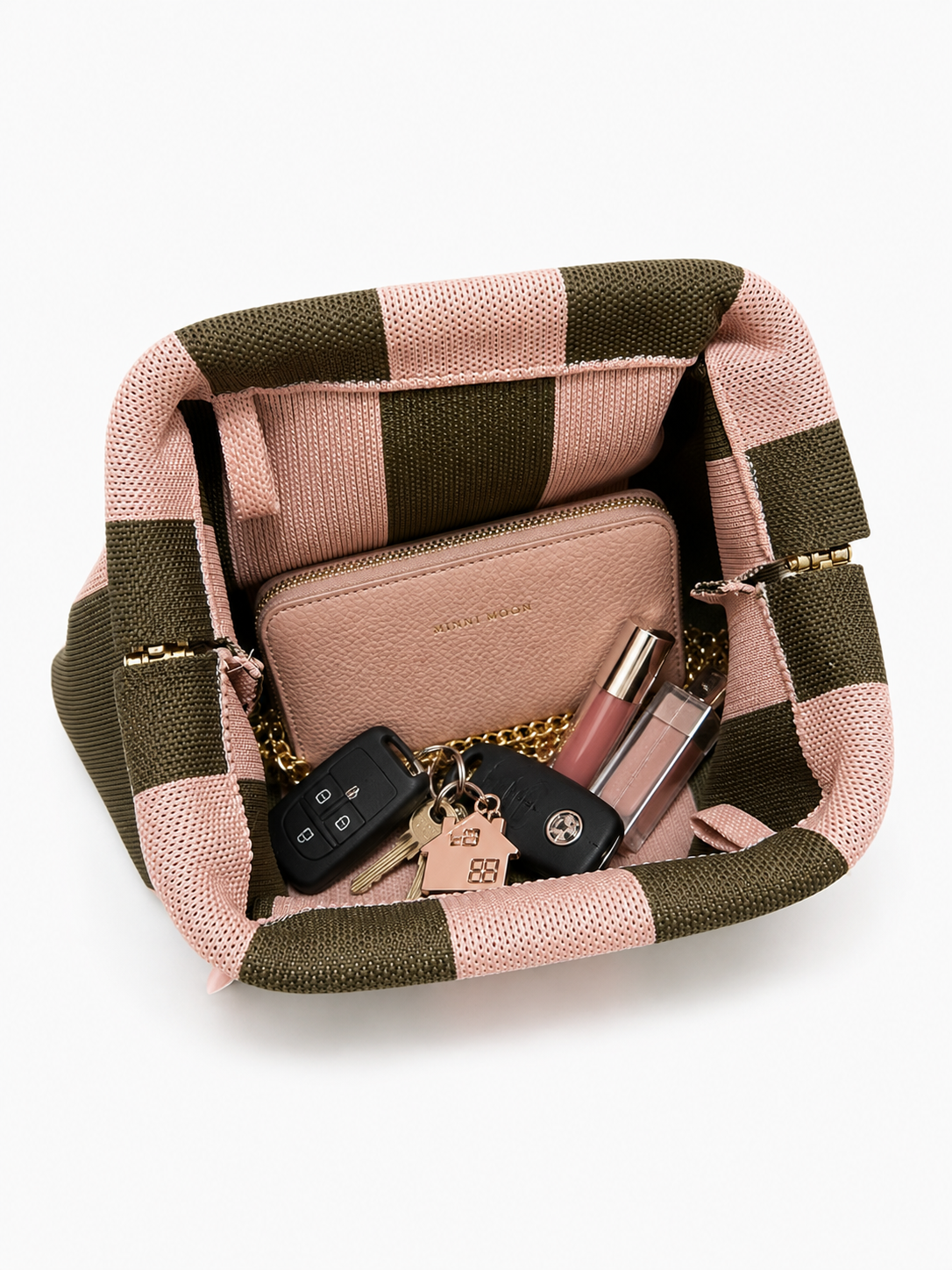 Bolso de mano bicolor de rayas con cadena dorada extraíble | Clutch 28x22 cm