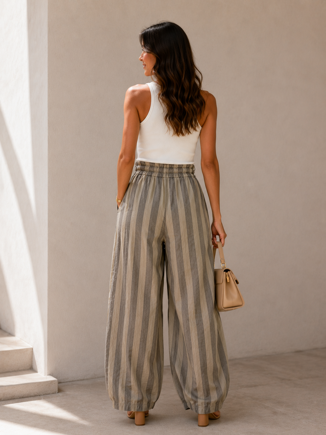 Pantalón Balloon de Rayas verticales Cintura Elástica con Lazo