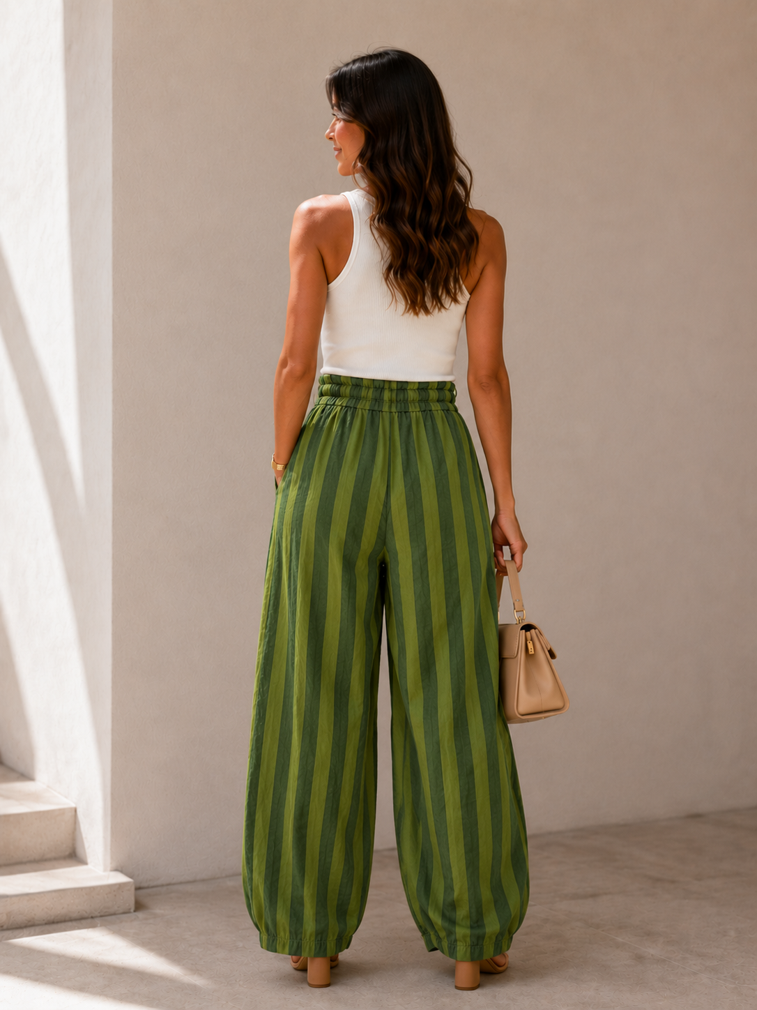 Pantalón Balloon de Rayas verticales Cintura Elástica con Lazo