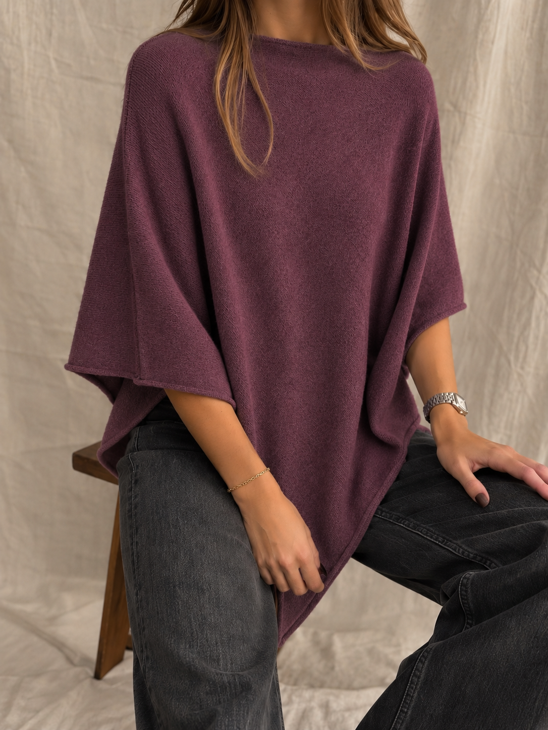 Asymmetrischer Strickponcho mit V-Ausschnitt | Einheitsgröße (XS bis XL)
