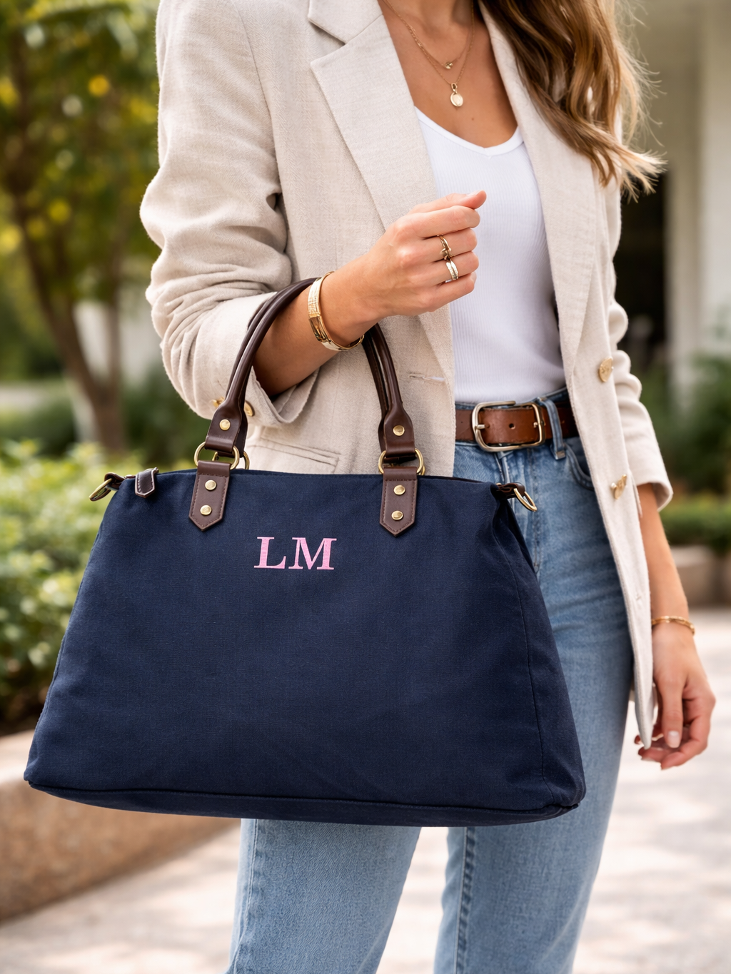 Bolso Personalizado con Iniciales – 49×30×14 cm | Loneta con Asas de Piel