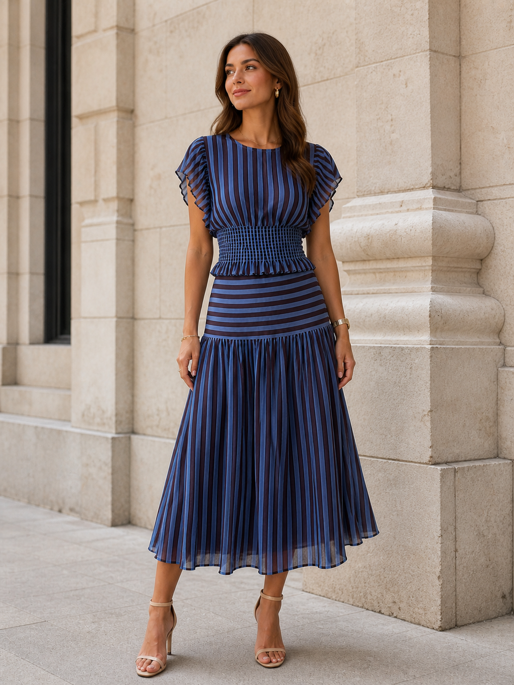 Blusa de Rayas Fruncido Bicolor o Falda midi de Rayas Mujer | Conjunto o por separado
