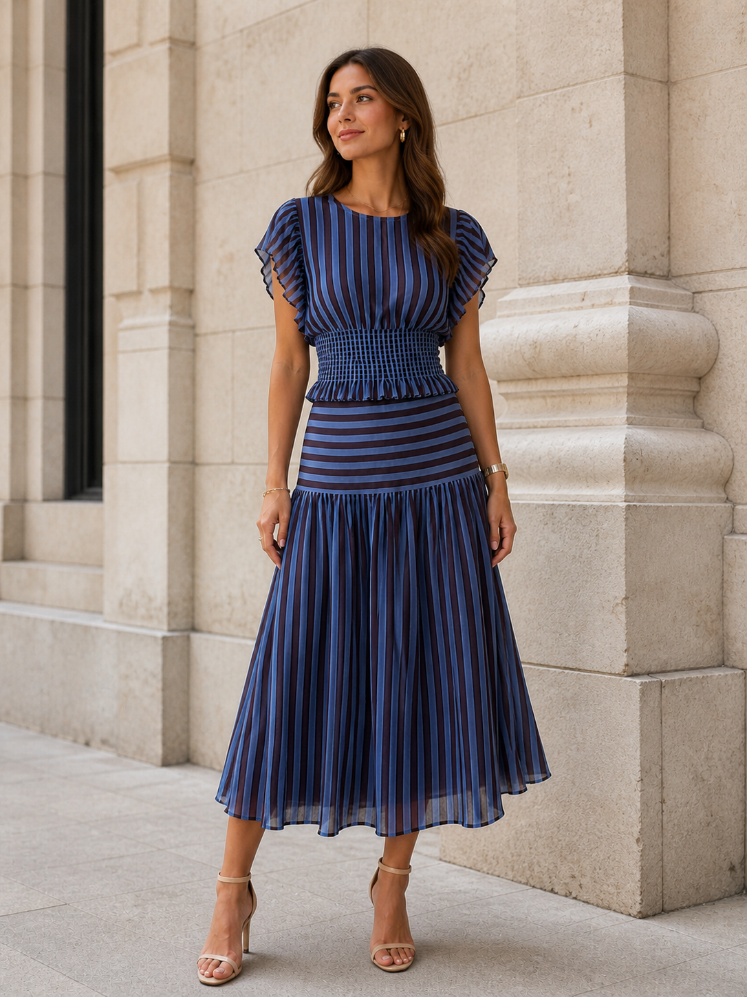 Blusa de Rayas Fruncido Bicolor o Falda midi de Rayas Mujer | Conjunto o por separado
