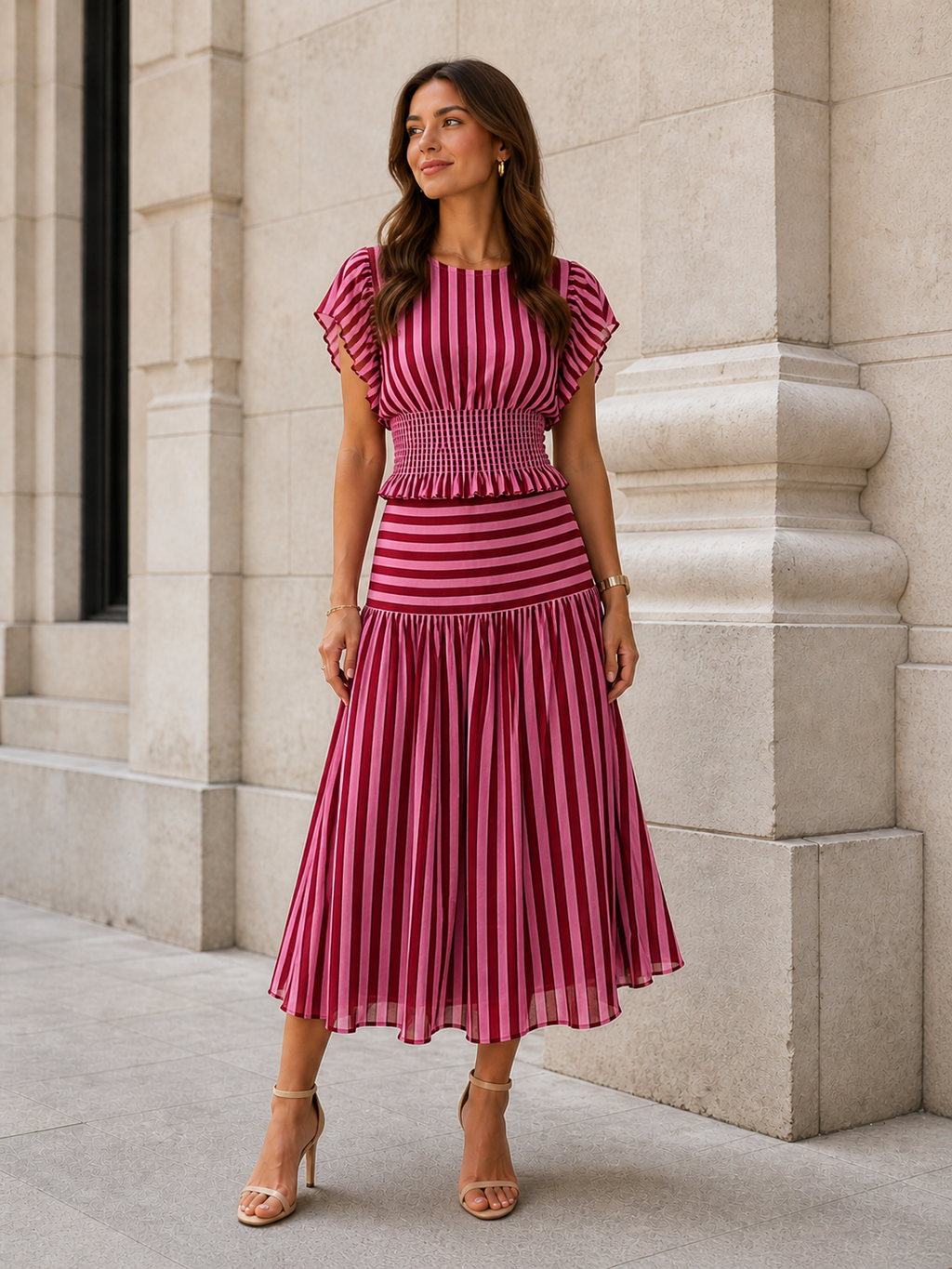 Blusa de Rayas Fruncido Bicolor o Falda midi de Rayas Mujer | Conjunto o por separado