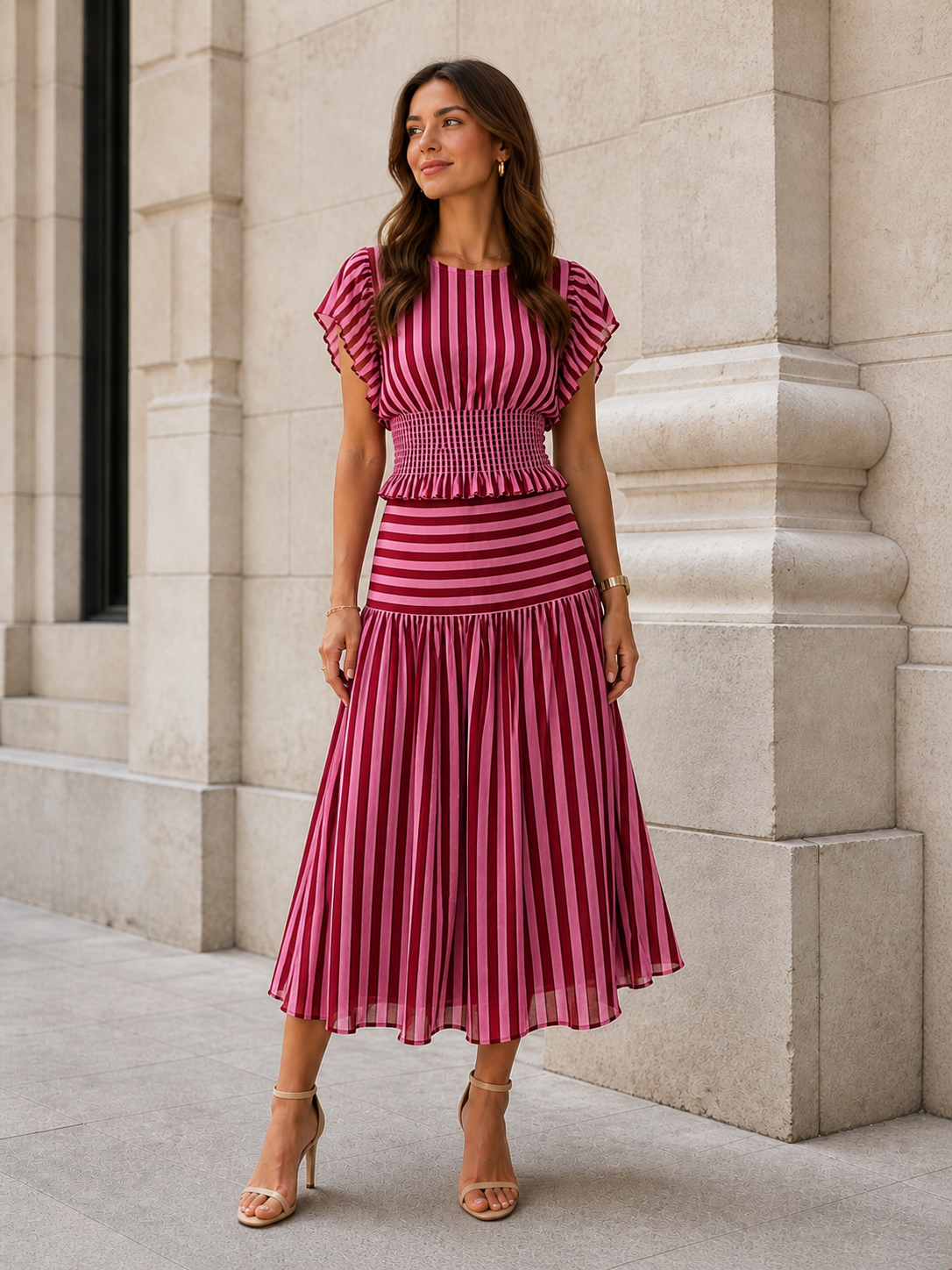 Blusa de Rayas Fruncido Bicolor o Falda midi de Rayas Mujer | Conjunto o por separado