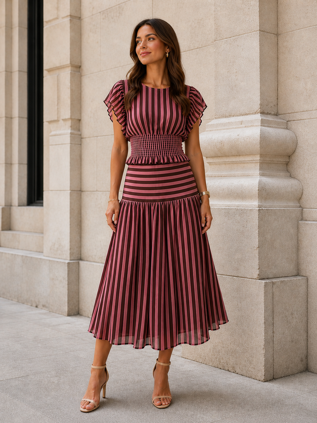 Blusa de Rayas Fruncido Bicolor o Falda midi de Rayas Mujer | Conjunto o por separado