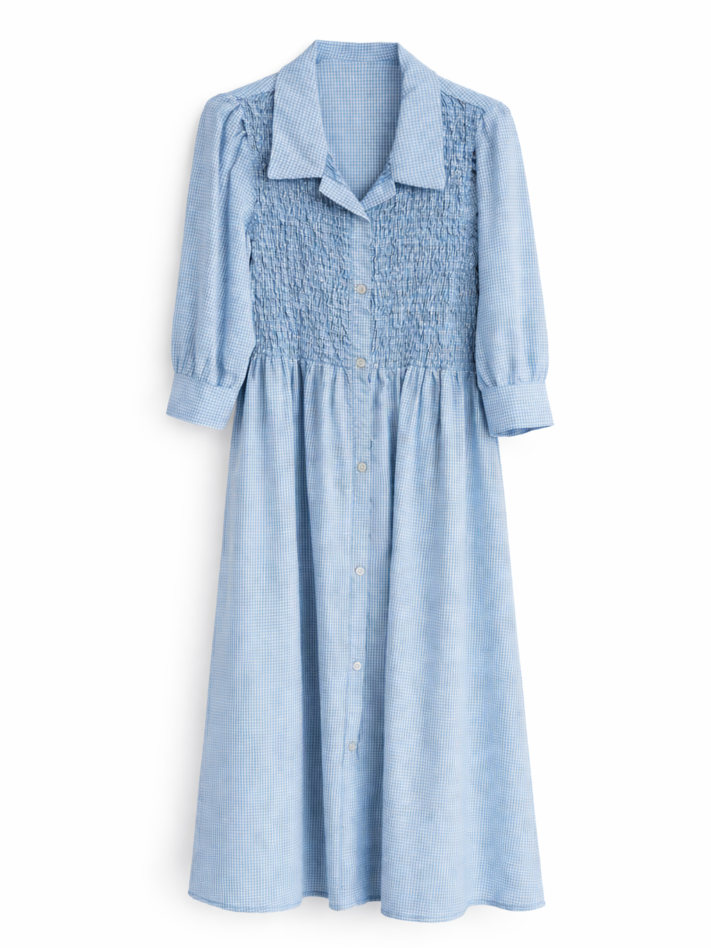 Vestido largo Cuadros vichy con Nido de abeja y Botones