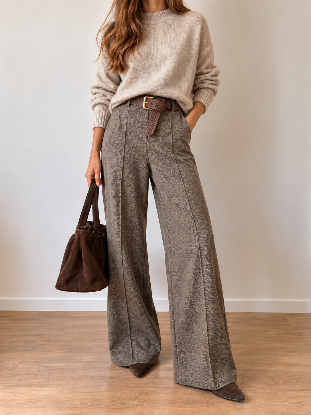 Pantalón Palazzo de Espiga con Cinturón Trenzado