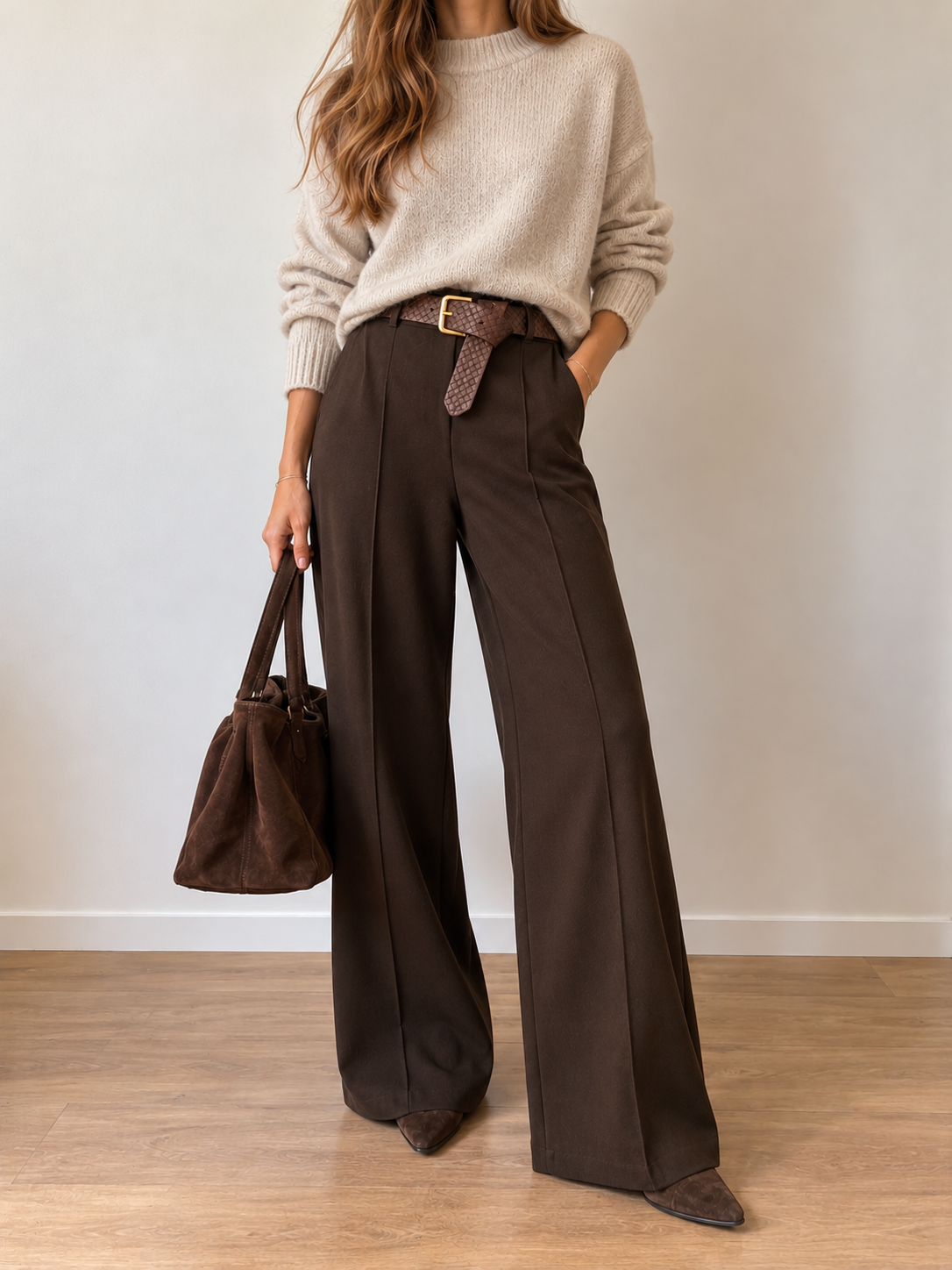 Pantalón Palazzo de Espiga con Cinturón Trenzado