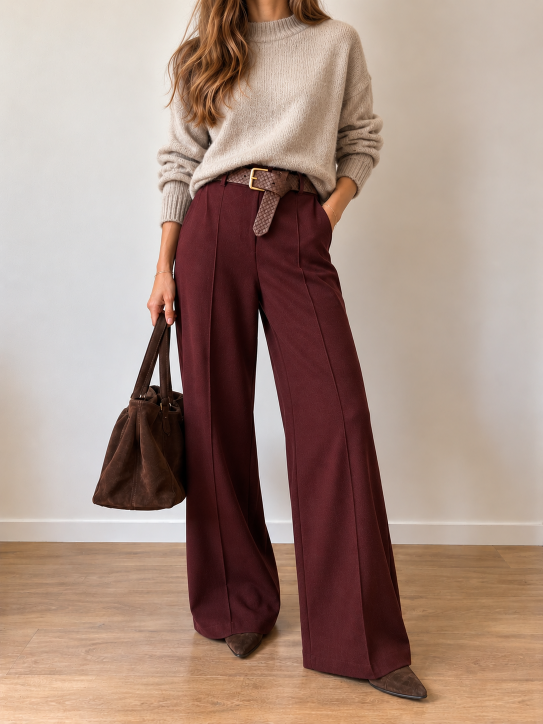 Pantalón Palazzo de Espiga con Cinturón Trenzado