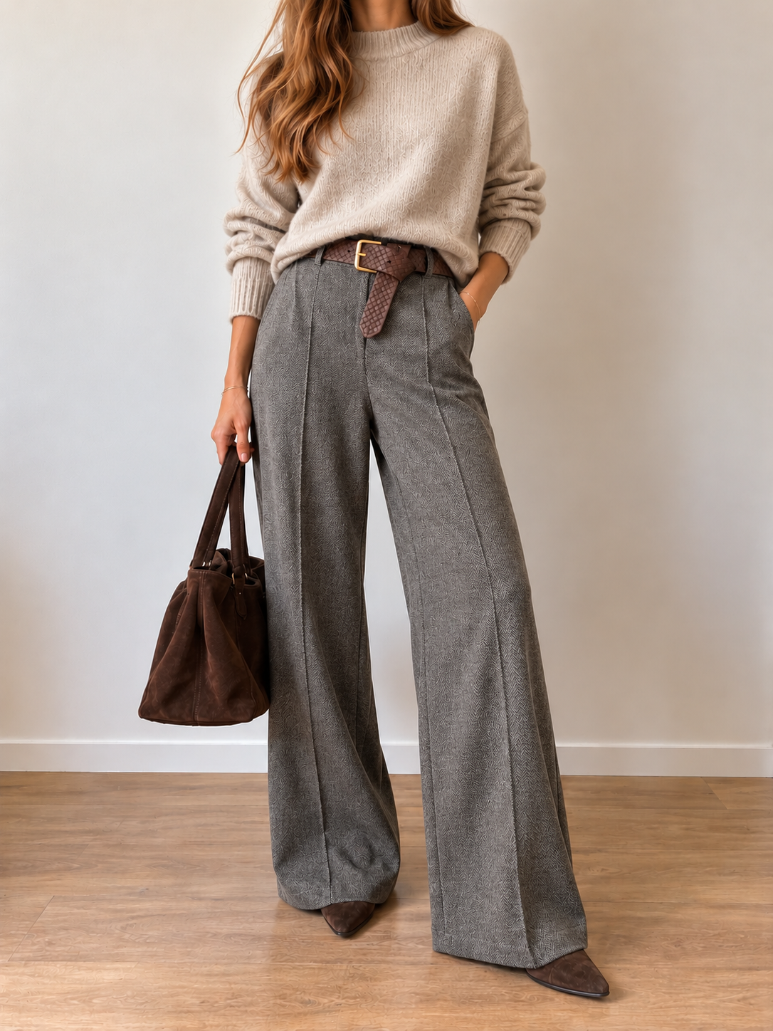 Pantalón Palazzo de Espiga con Cinturón Trenzado