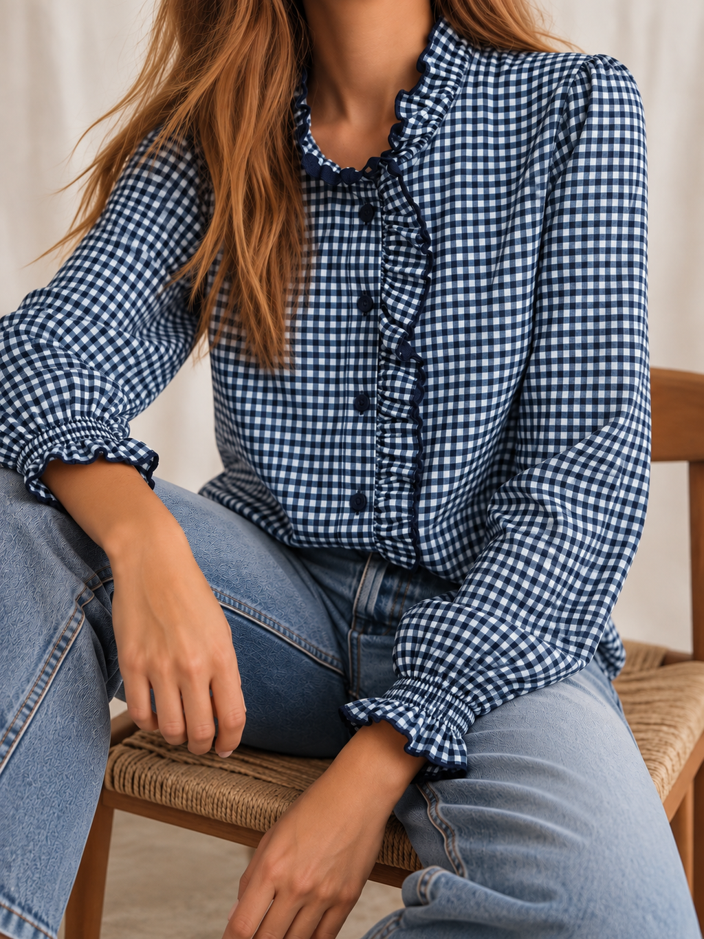 Blusa de Cuadros Vichy con Volantes y Botones