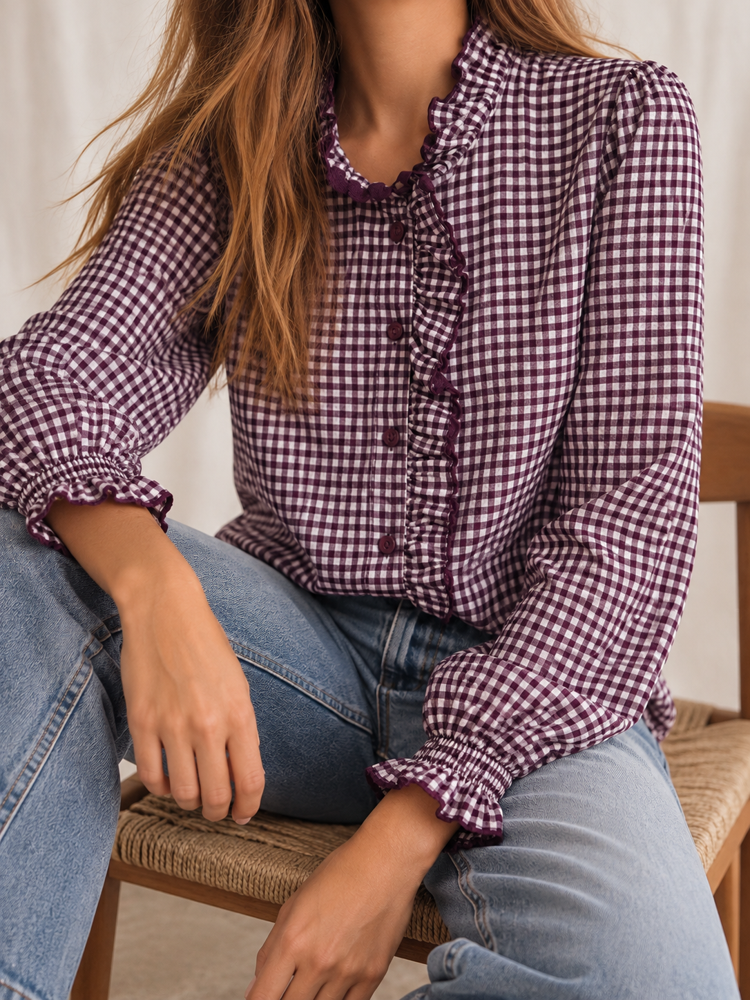 Blusa de Cuadros Vichy con Volantes y Botones